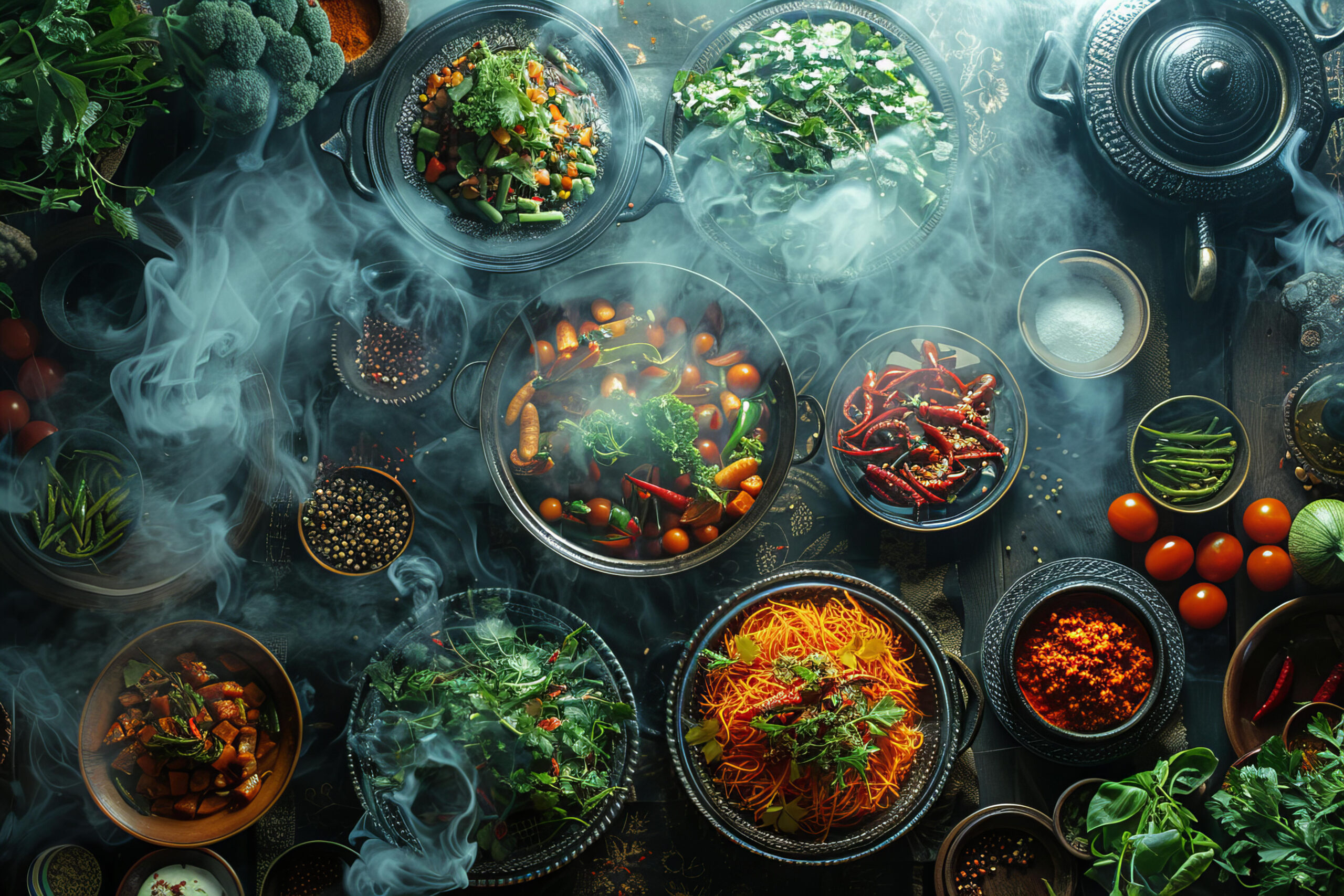 Stock photo of top ten best veggie dishes to add to the saffron pot, in the style of max rive, orientalist imagery, bella kotak, intuitive gestures, smokey background, light black and green, multi layered, --ar 3:2 --style raw --stylize 250